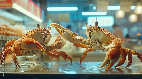 Two live crabs facing each other on a display table in a market.