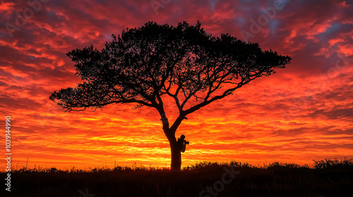 A lone tree stands tall against a vibrant sunrise, a person silhouetted against the fiery sky.