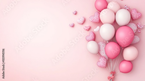 Pink and white balloons with hearts on a pink background, leaving space for text.