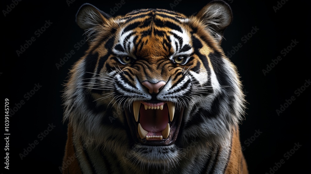 An angry tiger showing its teeth, against a black background An angry tiger showing its teeth, against a black background