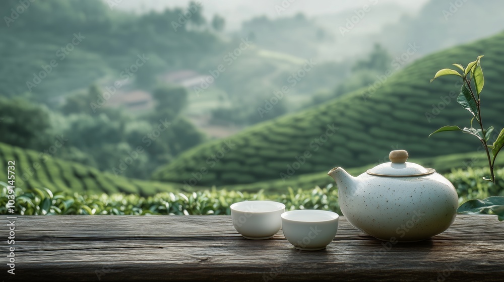 An Asian-style ceramic teapot and two white cups on an old wooden table, overlooking the green tea fields of China's Sichuan Province An Asian-style ceramic teapot and two white cups on an old wooden table, overlooking the green tea fields of China's Sichuan Province