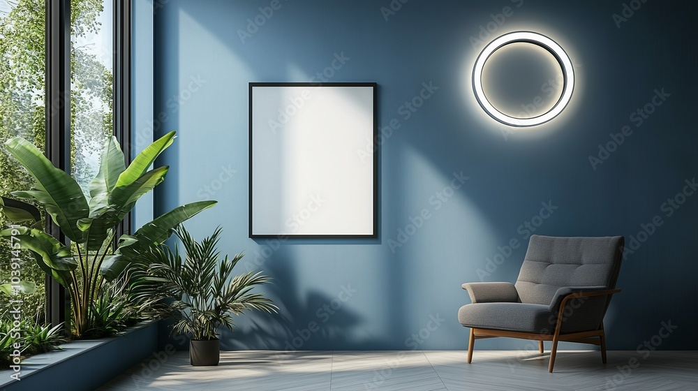 An empty vertical frame mockup on the wall of a modern living room An empty vertical frame mockup on the wall of a modern living room