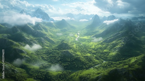 Green valley with mountains and clouds, forest on the hills, river in the distance, fantasy landscape