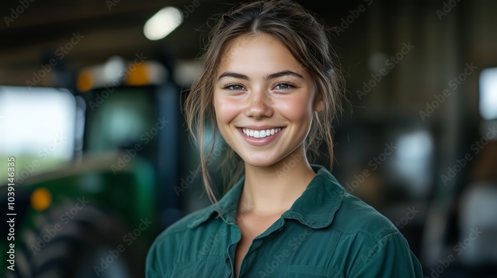 Portrait of a smiling female farmer standing in front of a tractor