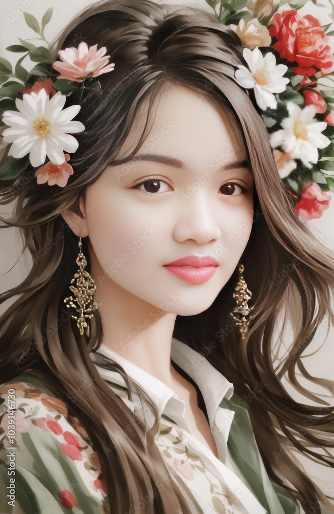 Naklejka premium a woman with long hair wearing a flower crown and earrings