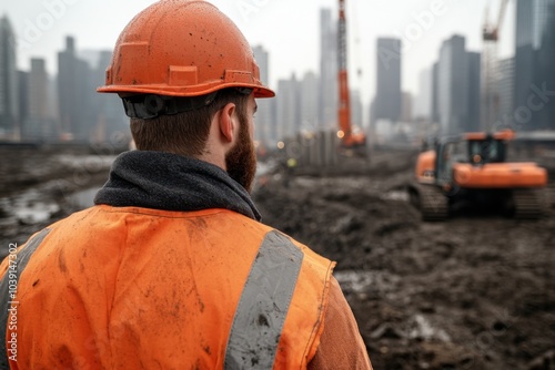 Construction worker observing site activity, gray city background photo