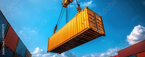 Crane lifting yellow shipping container against blue sky.