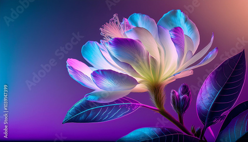 Luminous, futuristic flower with glowing petals in vibrant shades of purple, blue, and orange, set against a dreamy, soft-focus background. Perfect for artistic, surreal, or fantasy theme