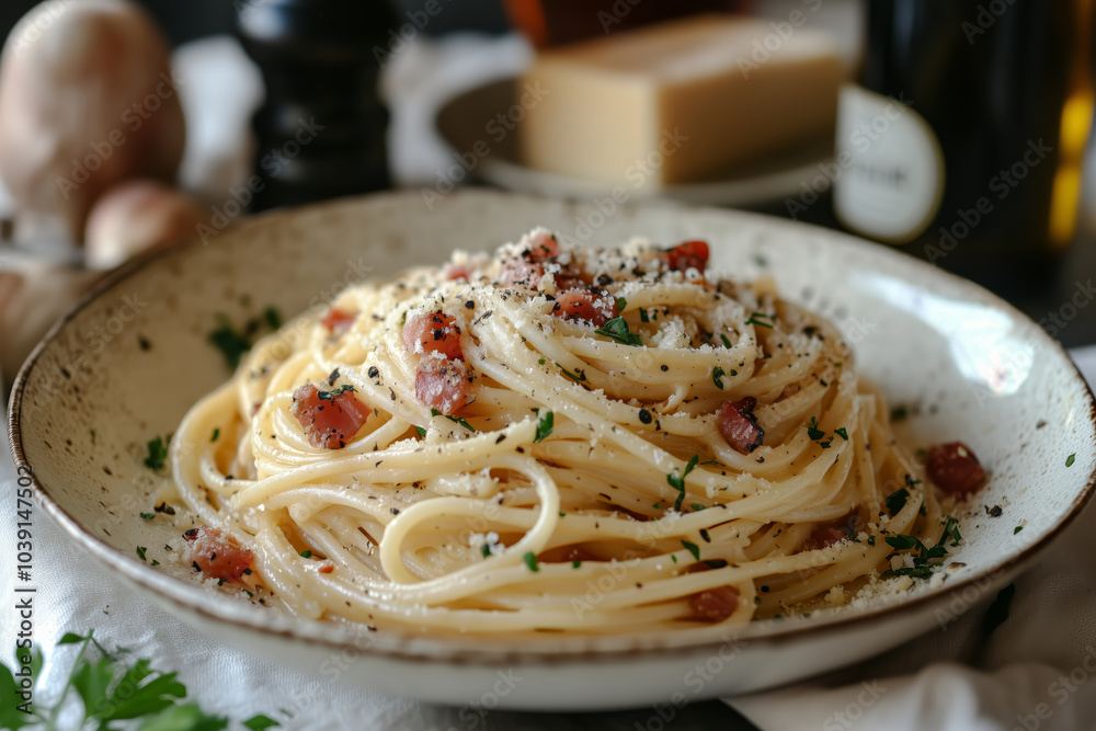 A plate of pasta with traditional sauce and herbs A plate of pasta with traditional sauce and herbs