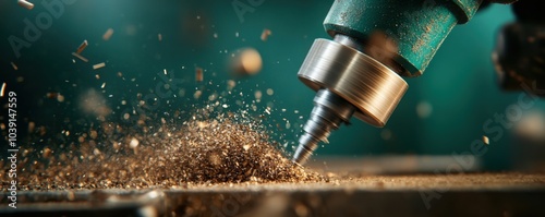 Close-up of a drill creating wood shavings on a workbench, blurred background.