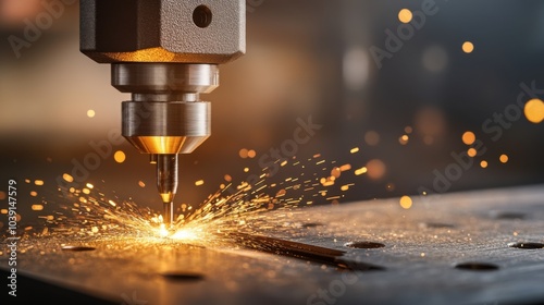 Close-up of a laser cutting machine, sparks flying, on a metal surface.