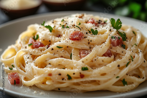 A plate of pasta with traditional sauce and herbs