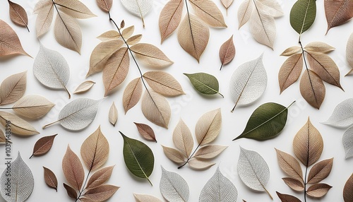 白背景に秋や冬を象徴する落ち葉の背景Background of fallen leaves symbolizing autumn and winter on a white background photo