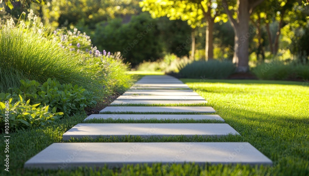 Fototapeta premium A serene concrete slab pathway winds through a lush lawn, edged with grasses 3. Generative AI