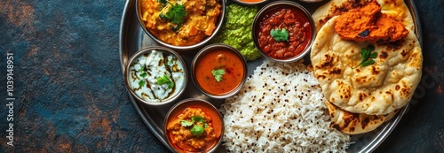 Colorful thali plates serving a variety of Indian dishes such as pickled dal paneer and signature white rice chapati