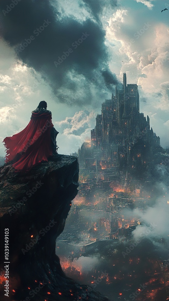 Dark Fantasy Cityscape: A Lonely Figure Gazes Upon a Fortified City Dark Fantasy Cityscape: A Lonely Figure Gazes Upon a Fortified City