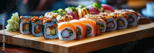 Obraz  z motywem close up photo A sushi roll perfectly coated with pickled ginger and wasabi is served on a wooden tray