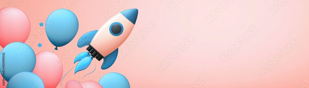 A colorful rocket soaring among pastel balloons, perfect for celebrations, invitations, or children's themes. A colorful rocket soaring among pastel balloons, perfect for celebrations, invitations, or children's themes.