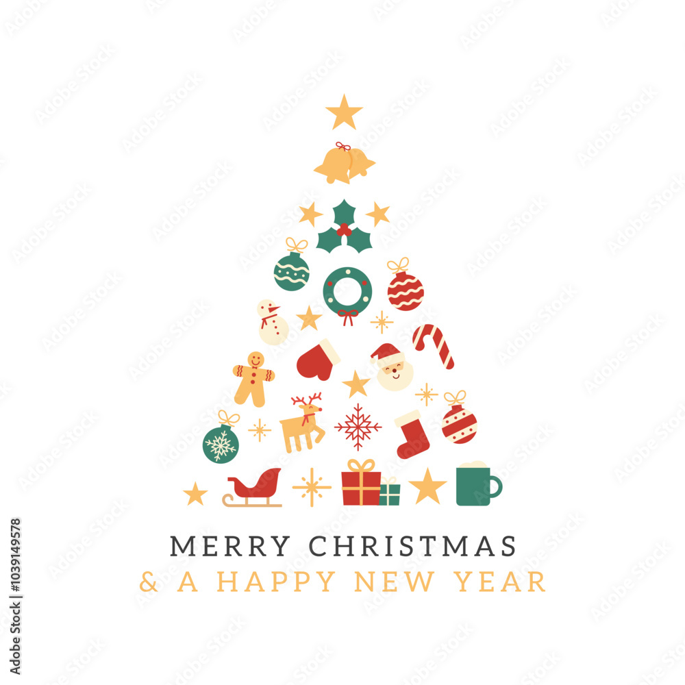 Merry Christmas and a Happy New Year greetings card or web banner. Vector festive illustration with pine tree and seasonal icon ornaments