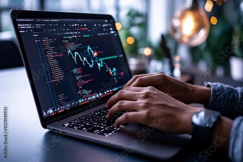 Data analyst working on a customer segmentation algorithm, coding on a laptop while surrounded by complex graphs and charts