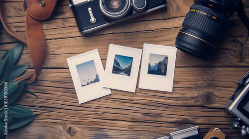 Mock up photo paper with camera on table version 7