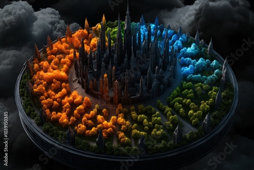 Fantasy landscape segmented by regions, each area colored differently to represent unique magical powers or inhabitants