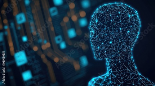 A futuristic digital representation of a human head made of interconnected lines and nodes, symbolizing technology and innovation.