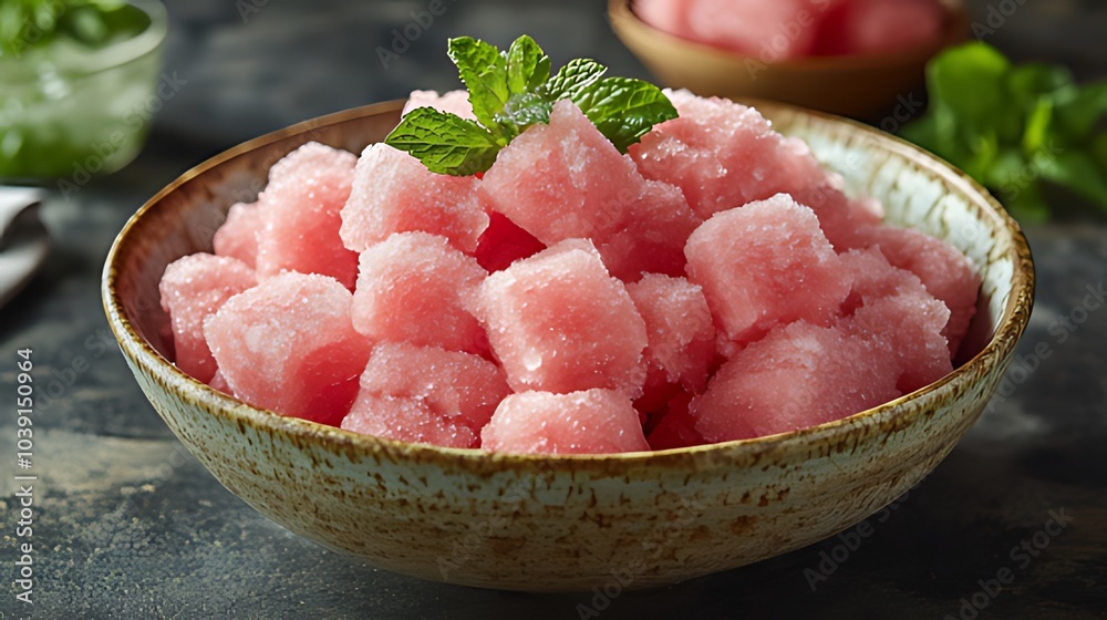 A bowl of fresh watermelon cubes with mint leaves, a refreshing summer treat. A bowl of fresh watermelon cubes with mint leaves, a refreshing summer treat.