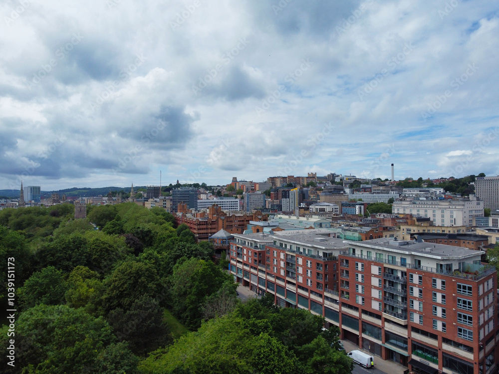 An Aerial View of Buildings at Central Bristol City of Southwest of England, United Kingdom. May 27th, 2024. The High Angle Footage Was Captured with Drone's Camera from High Altitude. An Aerial View of Buildings at Central Bristol City of Southwest of England, United Kingdom. May 27th, 2024. The High Angle Footage Was Captured with Drone's Camera from High Altitude.