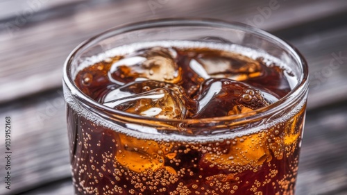 Close-up of fizzy cola in a glass, showcasing bubbles and ice cubes glistening