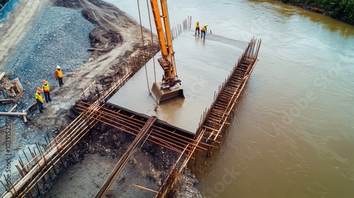 An aerial view of construction workers pouring concrete for a bridge abutment construction over a river, Bridge abutment pouring scene, Infrastructure expansion style