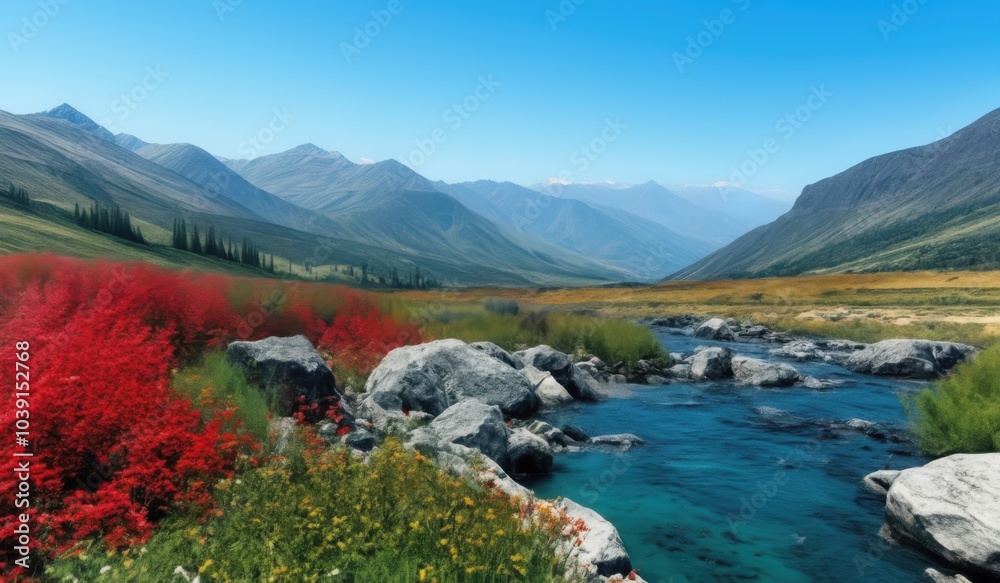 Fototapeta premium mountains and a river in the middle of a valley with red flowers