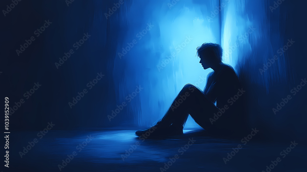 Naklejka premium A silhouette of a young man sitting in a dark room with a single blue light source behind him.
