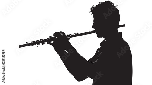 A man playing Flute silhouette isolated on white background