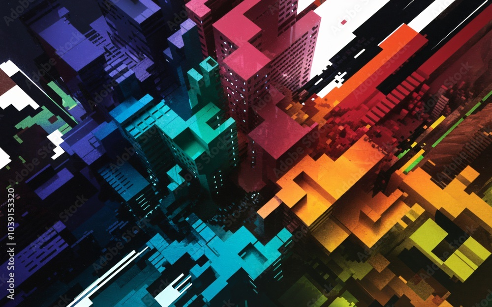 Obraz premium abstract image of a cityscape with fragmented, geometric shapes in a dynamic, layered arrangement.