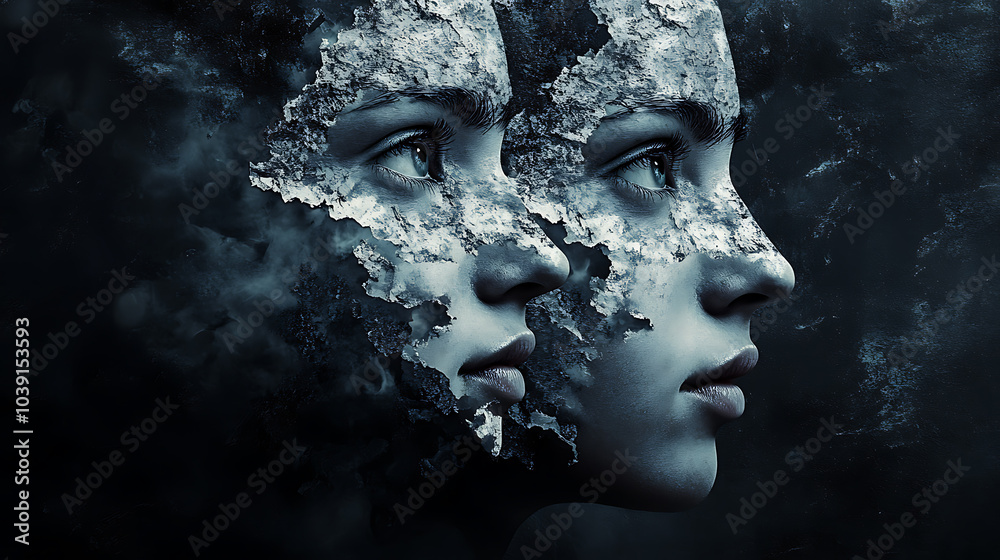 Two female faces are shown in profile, their skin is cracked and peeling like weathered rock, against a dark, stormy background. Two female faces are shown in profile, their skin is cracked and peeling like weathered rock, against a dark, stormy background.