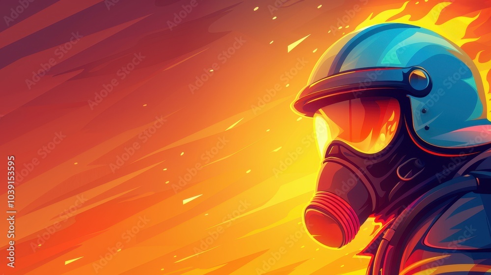 Fototapeta premium A brave firefighter stands tall in full gear, lit helmet glowing, ready to face any emergency with unwavering focus.