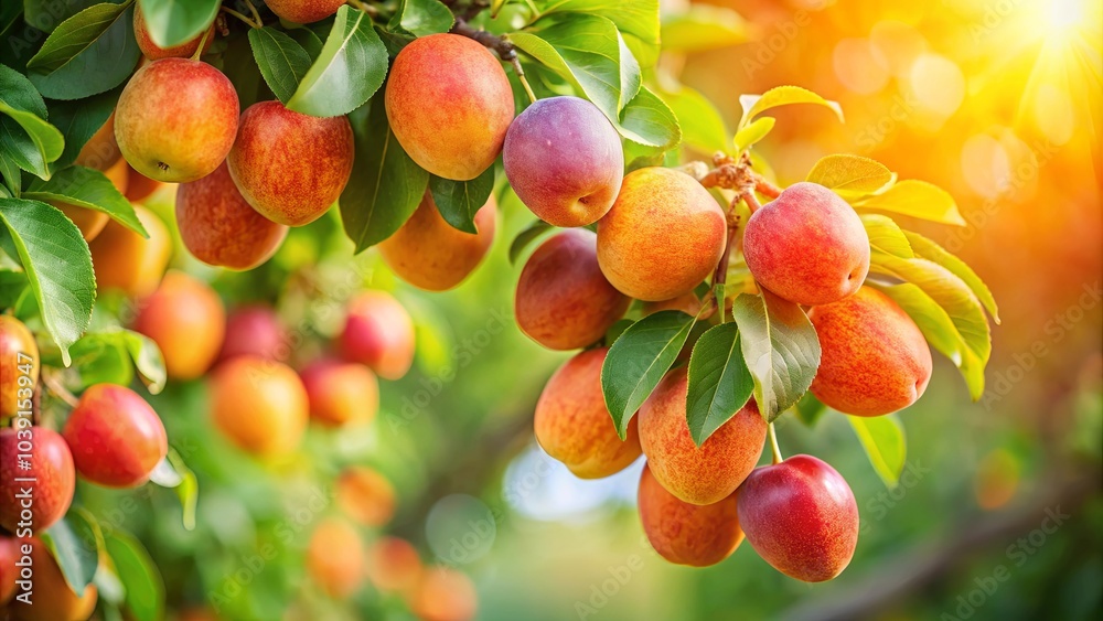 A Bountiful Harvest of Ripe Fruit Hanging from Lush Green Branches, Basking in the Warm Glow of the Setting Sun A Bountiful Harvest of Ripe Fruit Hanging from Lush Green Branches, Basking in the Warm Glow of the Setting Sun