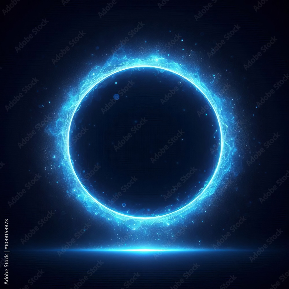 Fototapeta premium Blue sphere or circle bathed in blue light, floating amidst a vast, star-studded cosmos on black dark background