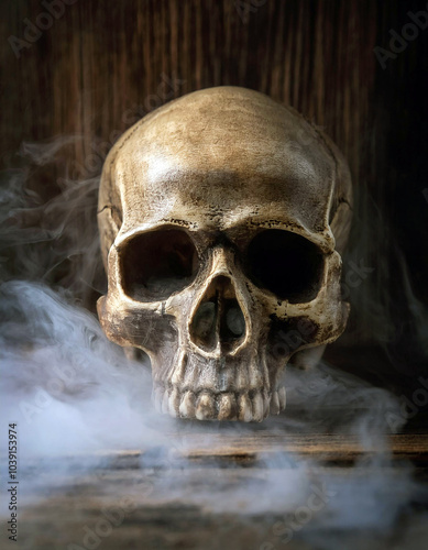 Ethereal Skull shrouded in mystic smoke; a haunting, enigmatic image evoking mortality and the unknown. A dark, atmospheric masterpiece.