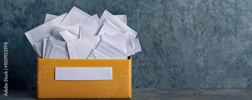 A cluttered box filled with numerous white envelopes on a textured gray background, symbolizing communication and organization.
