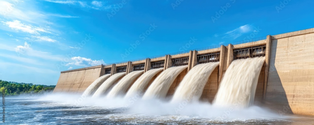 A picturesque view of a dam, featuring cascading water, blue skies, and lush green surroundings, showcasing nature and engineering together. A picturesque view of a dam, featuring cascading water, blue skies, and lush green surroundings, showcasing nature and engineering together.