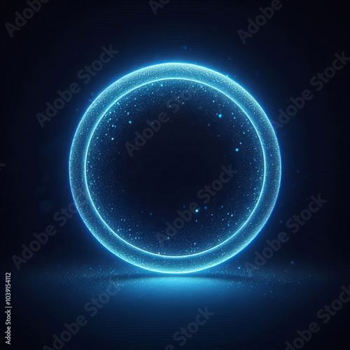 double blue sphere or circle in blue light, floating amidst a vast, star-studded cosmos on black dark background