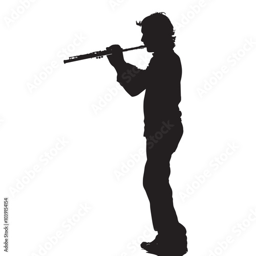 A man playing Flute silhouette isolated on white background