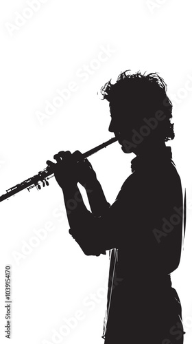 A man playing Flute silhouette isolated on white background