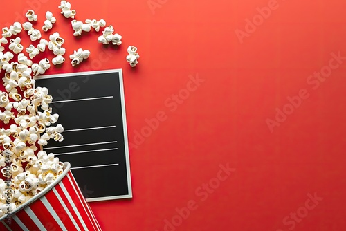 A vibrant display of popcorn spilling from a striped container against a bold red background, perfect for movie nights and snack enthusiasts.