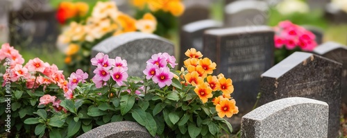Colorful flowers blooming amidst gravestones in a serene cemetery, symbolizing remembrance and the cycle of life, evoking emotions of peace and reflection.