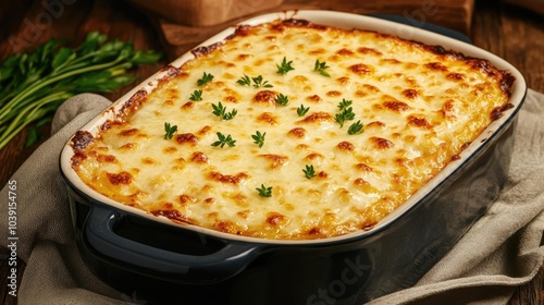 Delicious baked lasagna served in a deep dish, topped with golden cheese and fresh herbs. Perfect for family meals and gatherings.