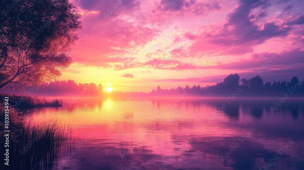 Calm lake with vivid sunset hues of pink, orange, and purple, creating a serene setting. Calm lake with vivid sunset hues of pink, orange, and purple, creating a serene setting.