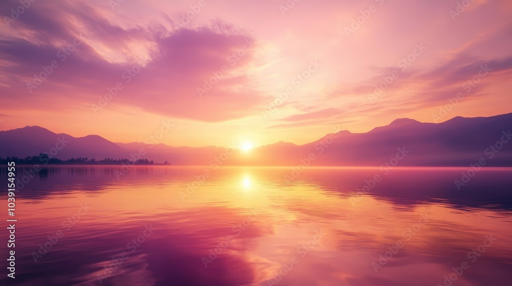 Golden hour sunset with colorful reflections on a calm lake, soft hues of pink and purple. Golden hour sunset with colorful reflections on a calm lake, soft hues of pink and purple.